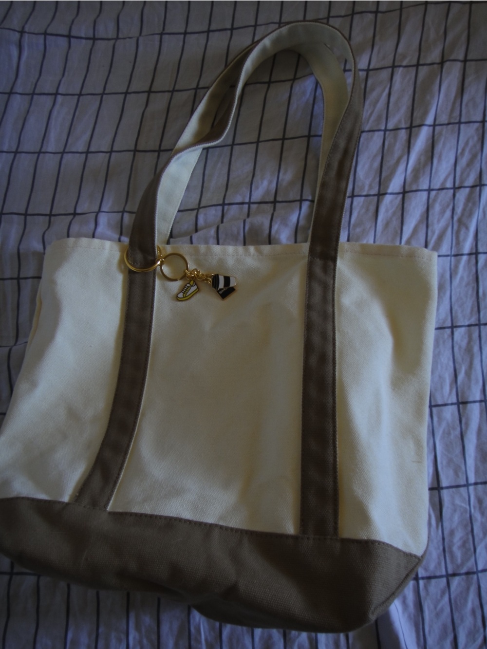 Simons Cream and Brown Canvas Tote with Gold Charm